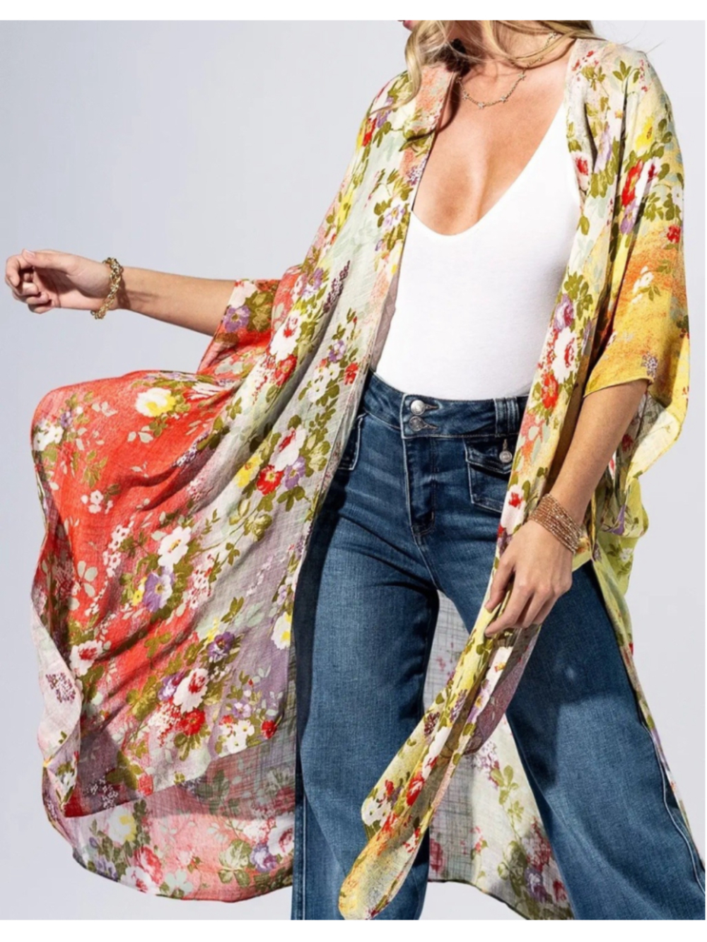 Pastel Watercolor Floral Kimono Cardigan Cover Up Rayon Boho Cottagecore NWT - Picture 4 of 8
